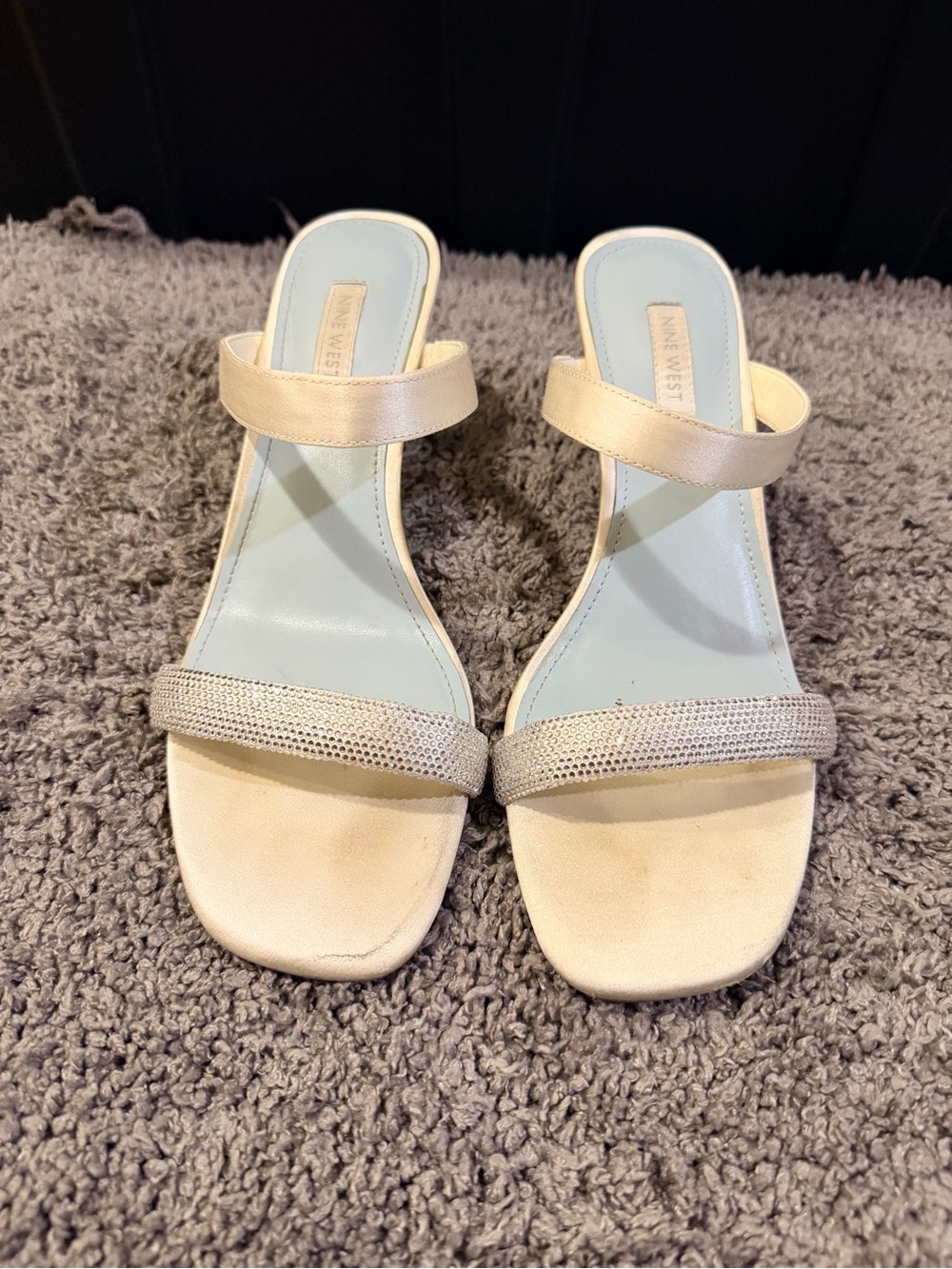 Nine West Ivory Open-Toe Slide Mules with Sparkling Strap